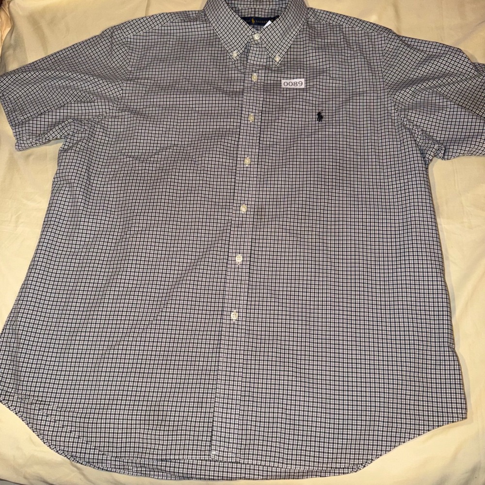 Ralph Lauren Mens XL Short Sleeve Button Down Shirt Navy White Micro Check Pony